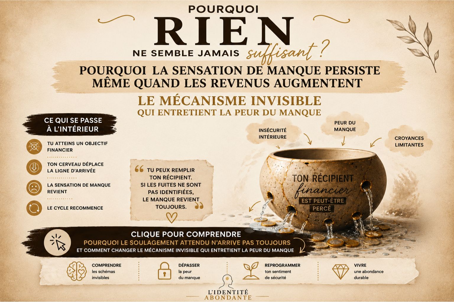 Illustration d’un récipient financier percé laissant s’échapper des ressources malgré son remplissage, représentant la peur du manque, l’insécurité intérieure et les croyances limitantes liées à l’argent.