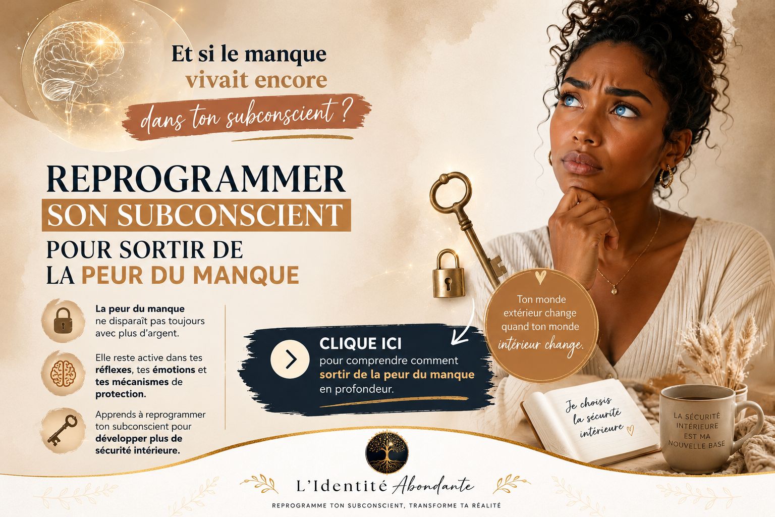 Femme réfléchissant à la peur du manque avec des symboles de subconscient, de sécurité intérieure, de clés et de transformation financière, illustrant la reprogrammation du subconscient.