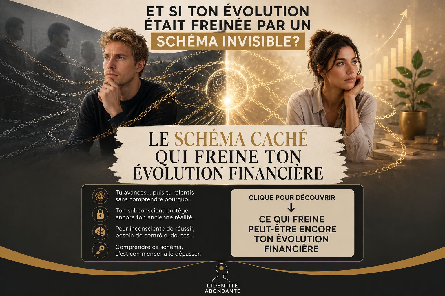 Image de couverture illustrant un homme blond aux yeux bleus et une femme brune aux yeux verts séparés par un cerveau lumineux symbolisant les schémas inconscients qui freinent l’évolution financière et la transformation de l’identité financière.