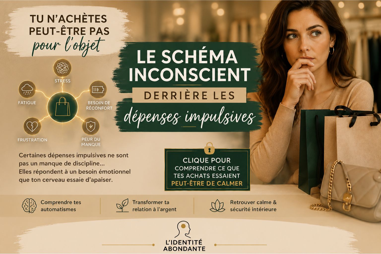femme réfléchissant devant des sacs de shopping avec représentation des émotions et schémas inconscients derrière les dépenses impulsives liées à l'argent