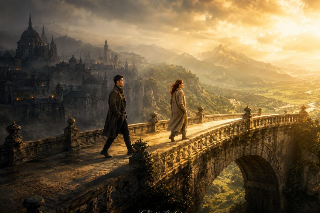 Personne traversant un pont lumineux entre une ancienne cité sombre et un paysage doré symbolisant la transition vers une nouvelle identité financière et une sécurité intérieure durable.