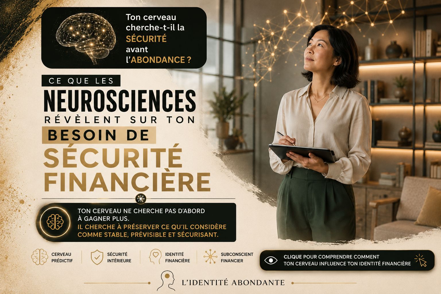 Femme observant des connexions neuronales lumineuses dans un environnement moderne, illustrant les neurosciences, le besoin de sécurité financière, le subconscient financier et l'identité financière.