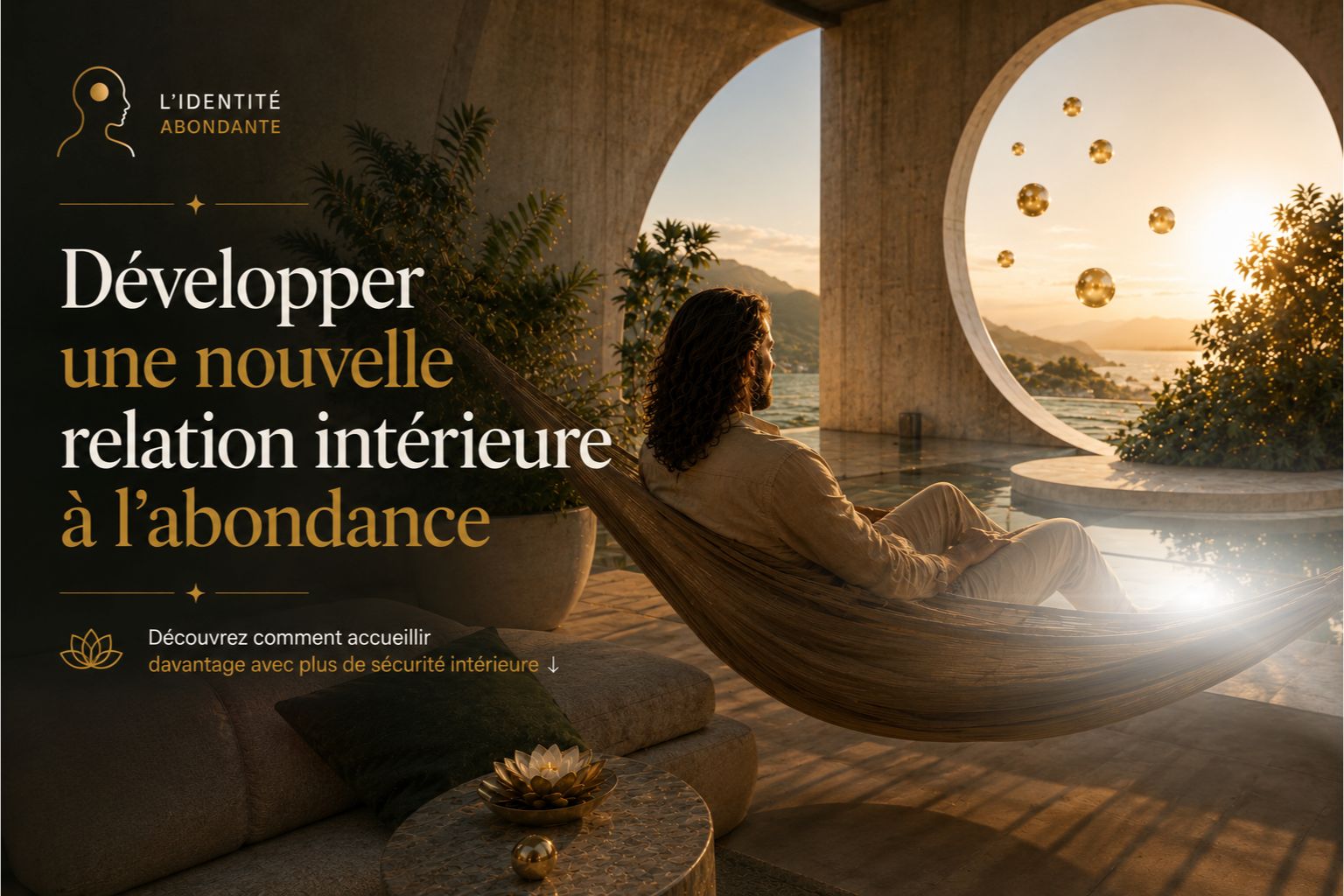 Image de couverture illustrant le développement d'une nouvelle relation intérieure à l'abondance, symbolisée par une personne contemplant un horizon lumineux dans un environnement apaisant évoquant la sécurité intérieure et l'évolution personnelle.