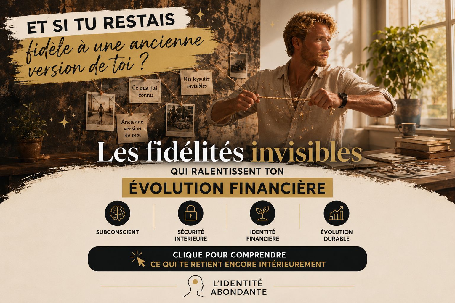 Image de couverture représentant un homme qui tente de rompre une corde symbolique reliée à des souvenirs de son ancienne identité, illustrant les fidélités invisibles du subconscient qui ralentissent l’évolution financière et la transformation intérieure.