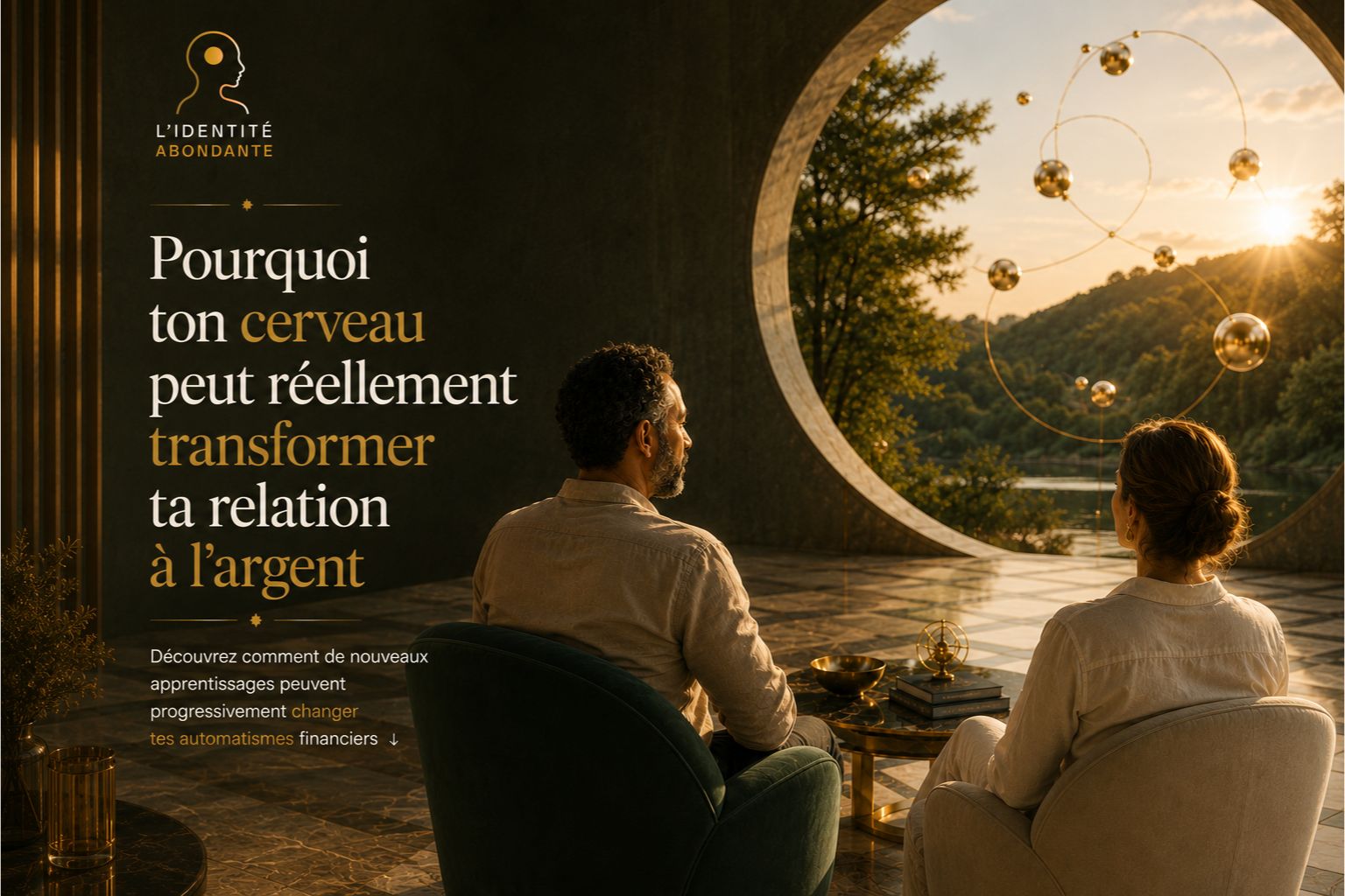 Image de couverture représentant deux personnes observant un horizon lumineux symbolisant la plasticité cérébrale, les nouveaux apprentissages et la transformation durable de la relation à l'argent.