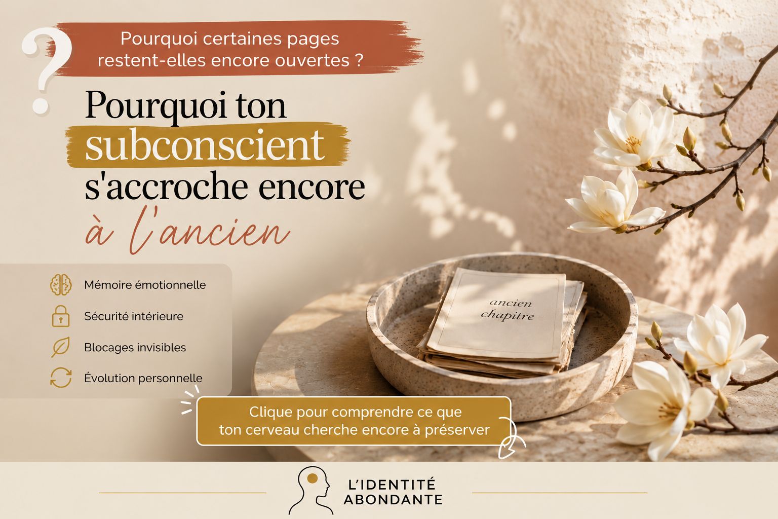 Image de couverture représentant un ancien chapitre posé dans un bol en pierre sous une lumière naturelle, entouré de fleurs blanches, illustrant le subconscient, la mémoire émotionnelle et la difficulté à tourner une page.