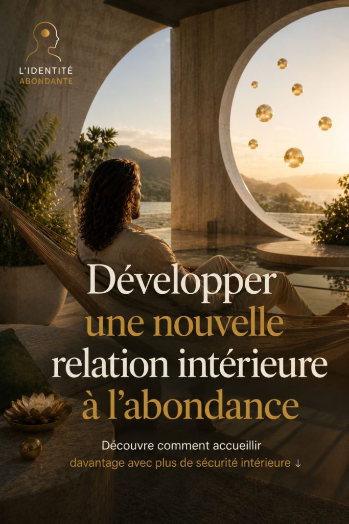 Illustration représentant une personne développant une nouvelle relation intérieure à l'abondance dans un environnement apaisant, symbole de sécurité intérieure, de confiance et d'évolution personnelle.