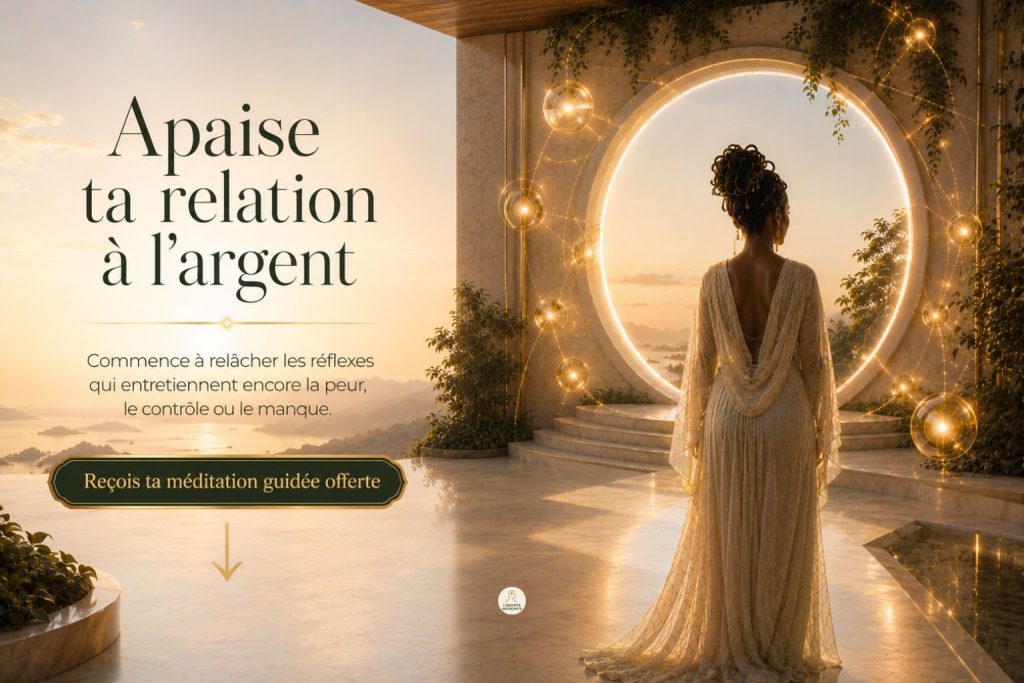 Méditation guidée offerte pour apaiser sa relation à l’argent avec une flèche orientée vers le formulaire.