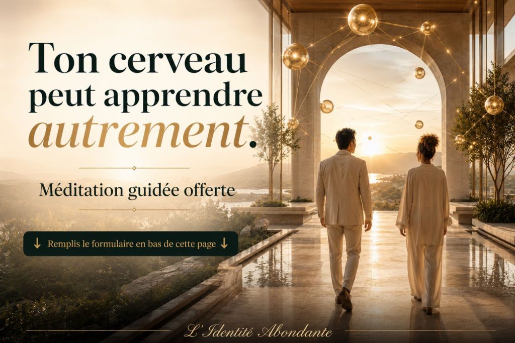 Image d’appel à l’action invitant à accéder à une méditation guidée offerte sur les neurosciences, le subconscient et les nouveaux apprentissages du cerveau.