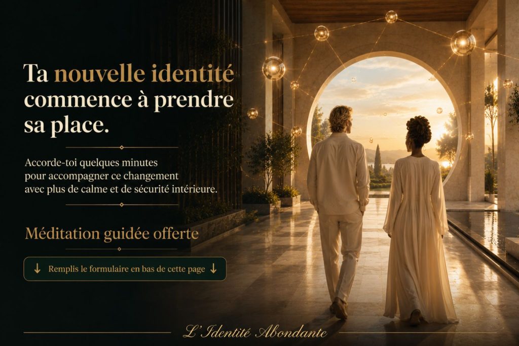 Image d’appel à l’action invitant à recevoir une méditation guidée offerte pour accompagner une nouvelle identité financière et renforcer la sécurité intérieure.