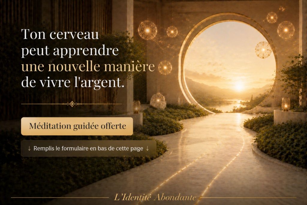 Image d'appel à l'action invitant à accéder gratuitement à une méditation guidée pour développer une relation plus sereine avec l'argent et renforcer de nouveaux apprentissages intérieurs.