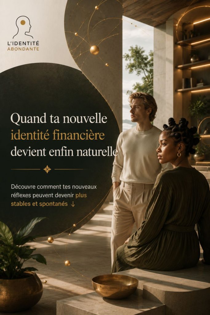 Homme et femme dans un espace lumineux illustrant une nouvelle identité financière devenue naturelle grâce à des réflexes plus stables et spontanés.
