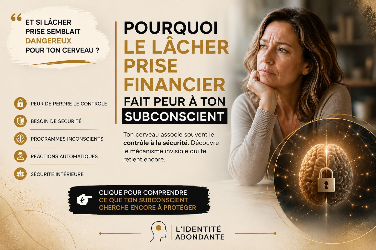 Illustration représentant une femme en réflexion face à un cerveau protégé par un cadenas, symbole du besoin de contrôle, du lâcher-prise financier, des mécanismes du subconscient et de la sécurité intérieure.
