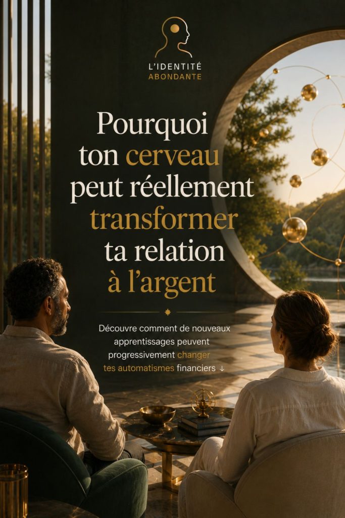 Illustration représentant deux personnes observant un horizon lumineux symbolisant la plasticité cérébrale, les nouveaux apprentissages et la transformation progressive de la relation à l'argent.