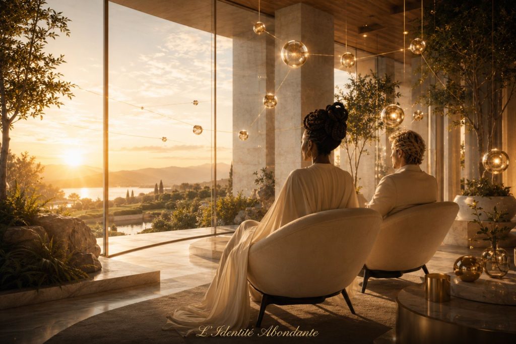 Femme assise sereinement dans un espace lumineux symbolisant les signes d’une nouvelle identité financière devenue plus naturelle et plus stable.