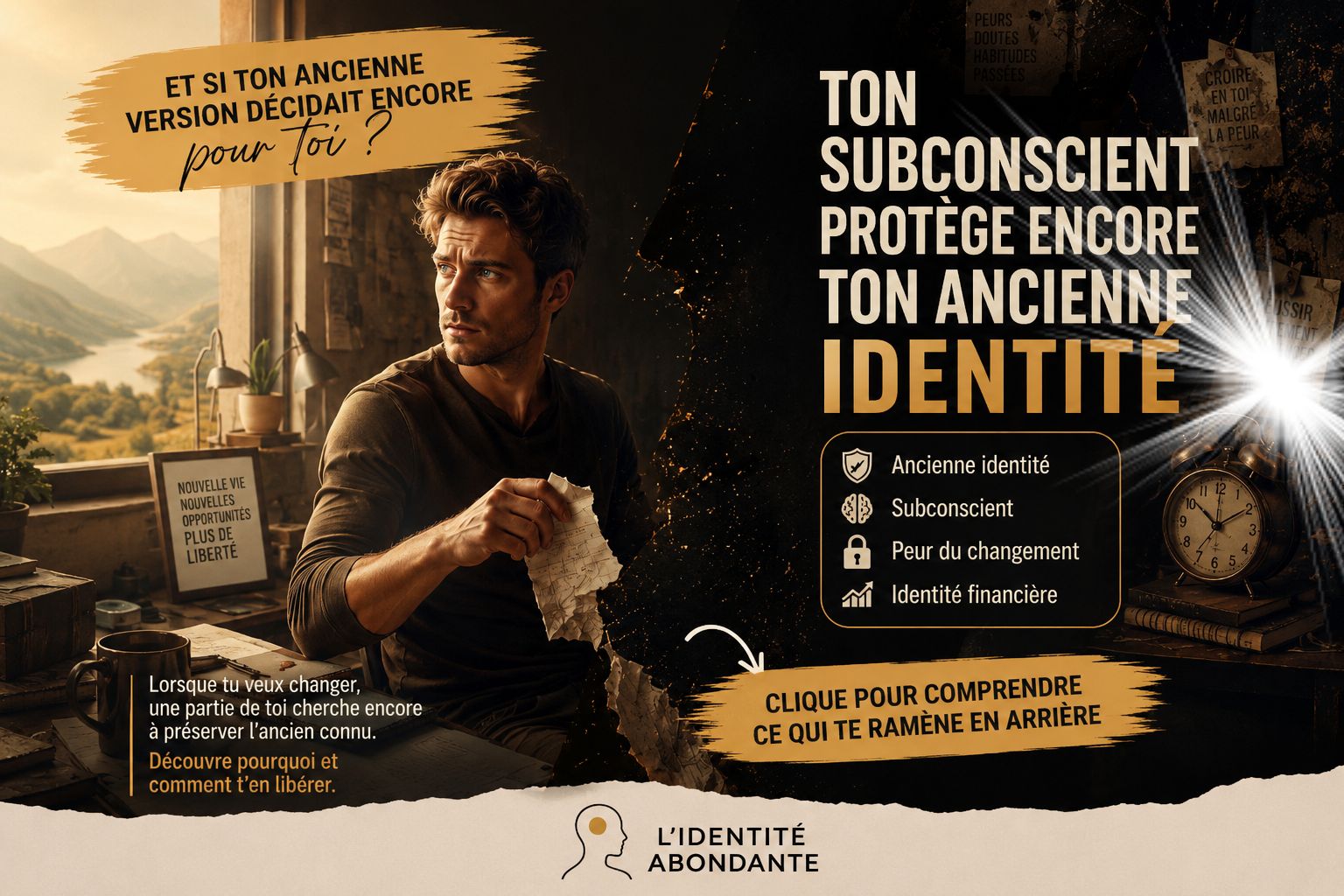 Illustration représentant un homme déchirant une feuille tandis qu’il hésite entre son ancienne identité et une nouvelle direction, symbolisant la résistance du subconcient au changement, les anciens schémas inconscients et l’évolution de l’identité financière.