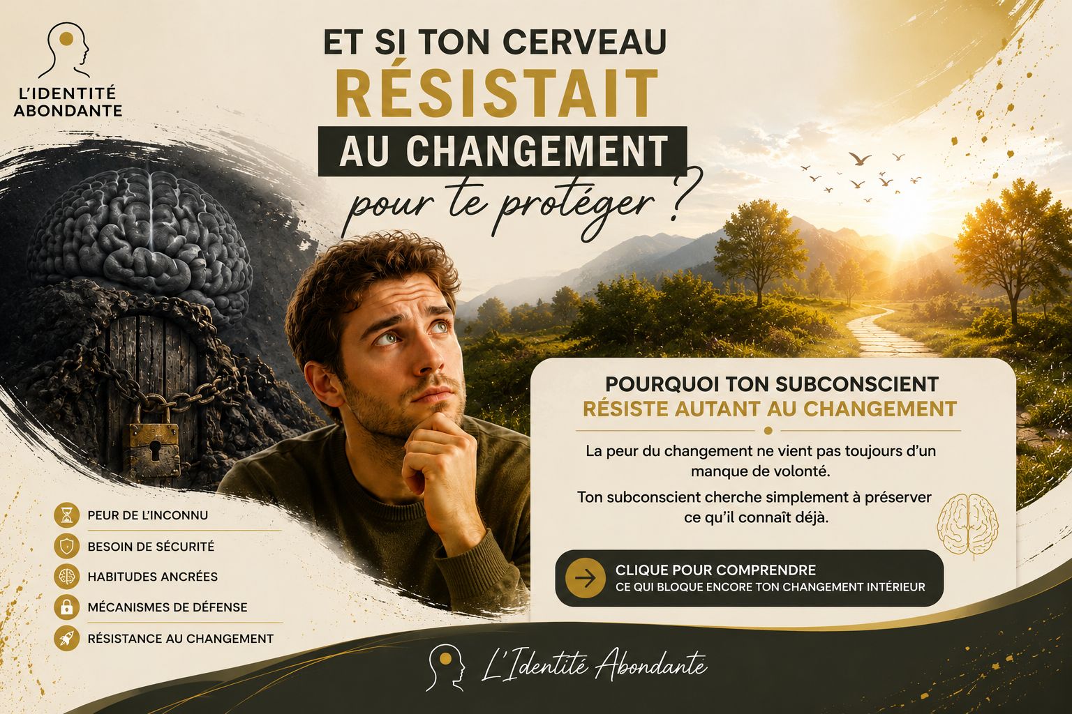Image de couverture illustrant un homme en réflexion entre un cerveau enfermé derrière une porte verrouillée et un paysage lumineux, symbolisant la résistance du subconscient au changement et la construction progressive d’une sécurité intérieure.