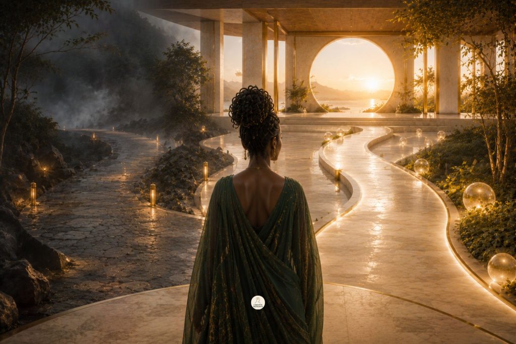 Femme devant deux chemins symbolisant une valeur personnelle qui reste stable malgré les résultats financiers variables.