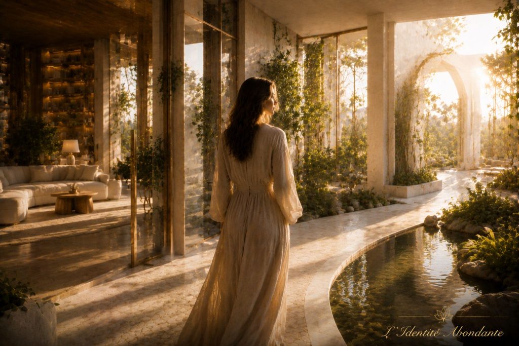 Femme avançant sereinement vers un nouvel horizon pour symboliser l’abondance intérieure et la progression personnelle.