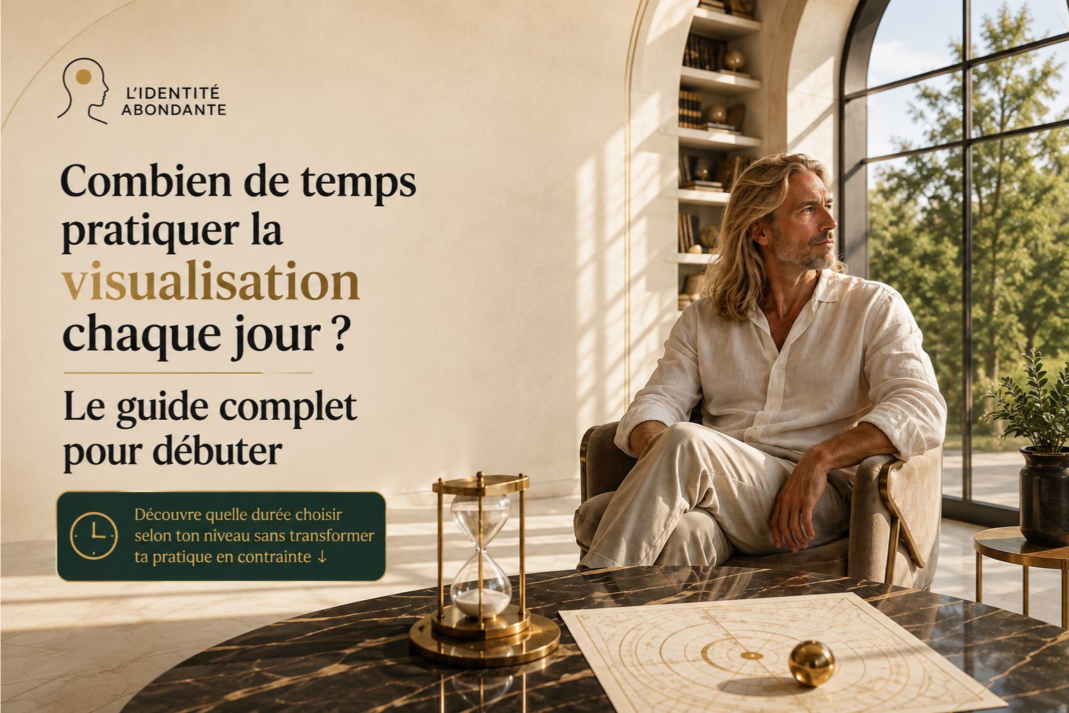 Homme pratiquant la visualisation dans un intérieur lumineux pour découvrir combien de temps pratiquer la visualisation chaque jour lorsqu'on débute.