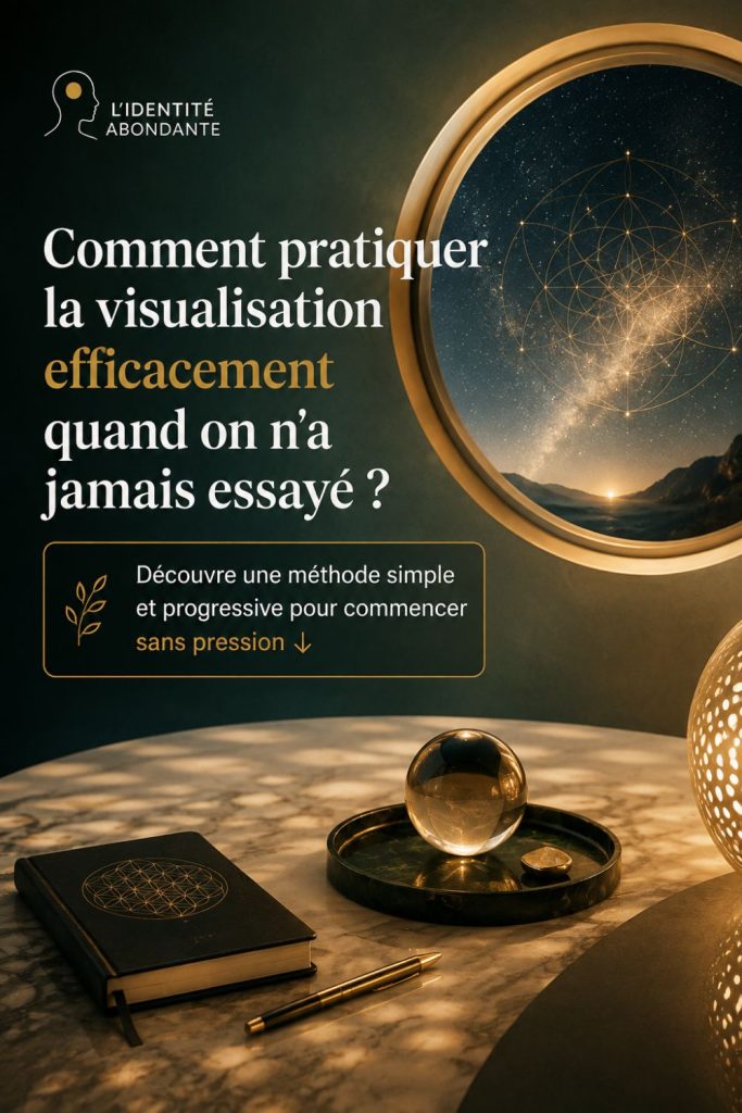 Illustration représentant une méthode simple pour apprendre la visualisation mentale lorsqu'on débute, avec un carnet, une sphère de cristal et un univers symbolisant la transformation intérieure.