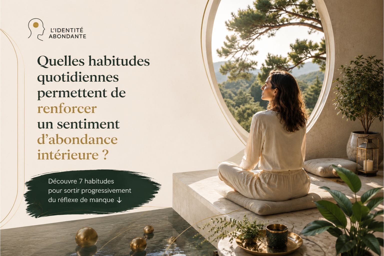 Femme méditant dans un espace lumineux pour renforcer son sentiment d’abondance intérieure grâce à des habitudes quotidiennes.