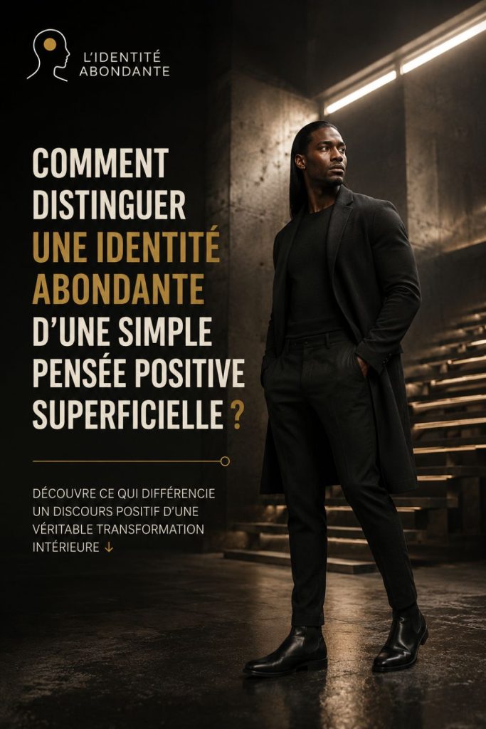 Homme illustrant la différence entre une identité abondante et une pensée positive superficielle dans un processus de transformation intérieure.