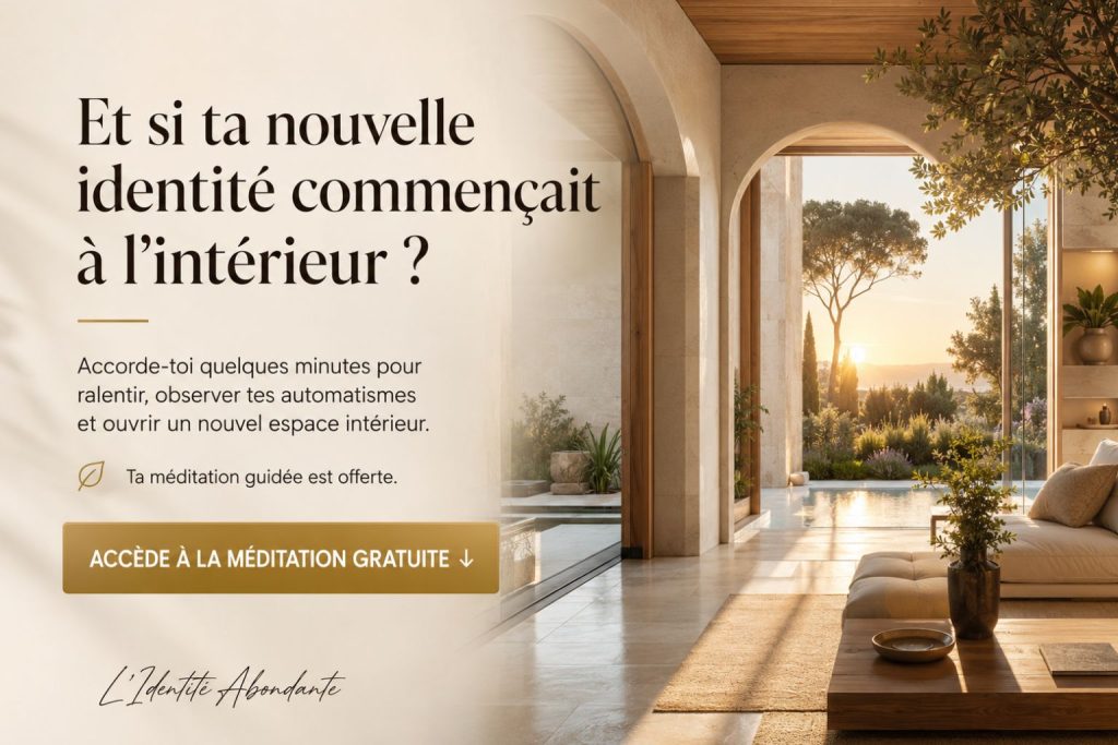 Invitation à accéder à une méditation guidée offerte pour accompagner le développement d’une identité abondante.