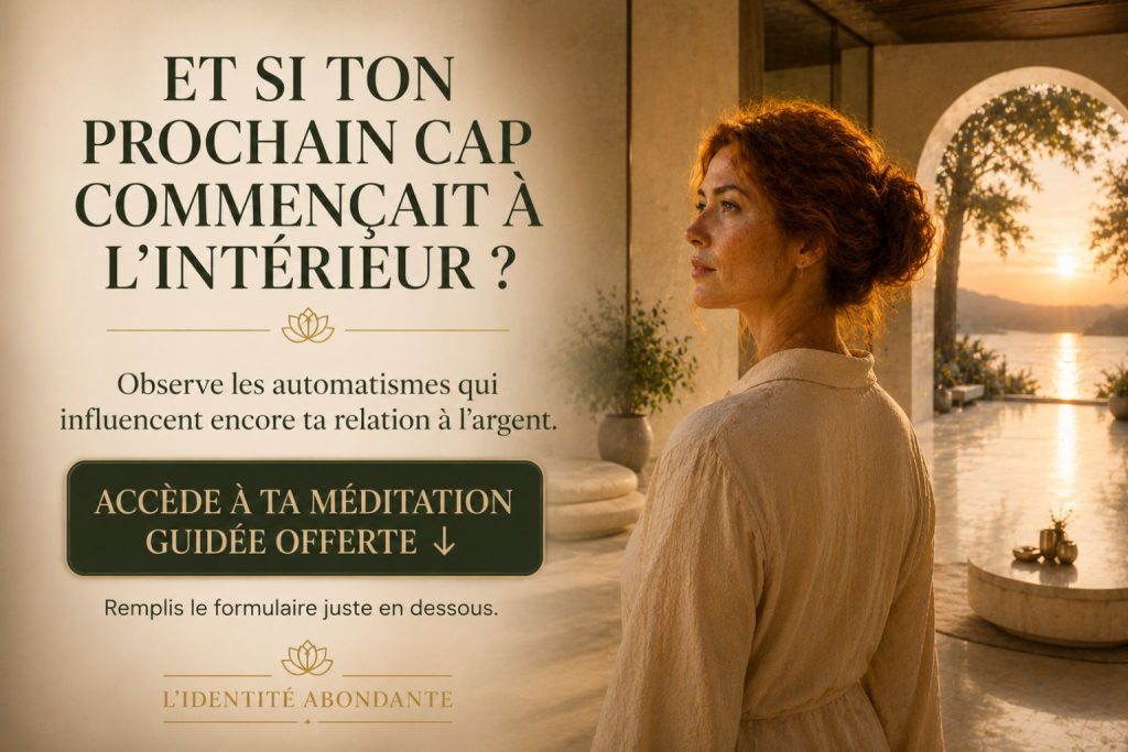Invitation à accéder à une méditation guidée offerte pour explorer ses automatismes liés à la relation à l’argent.