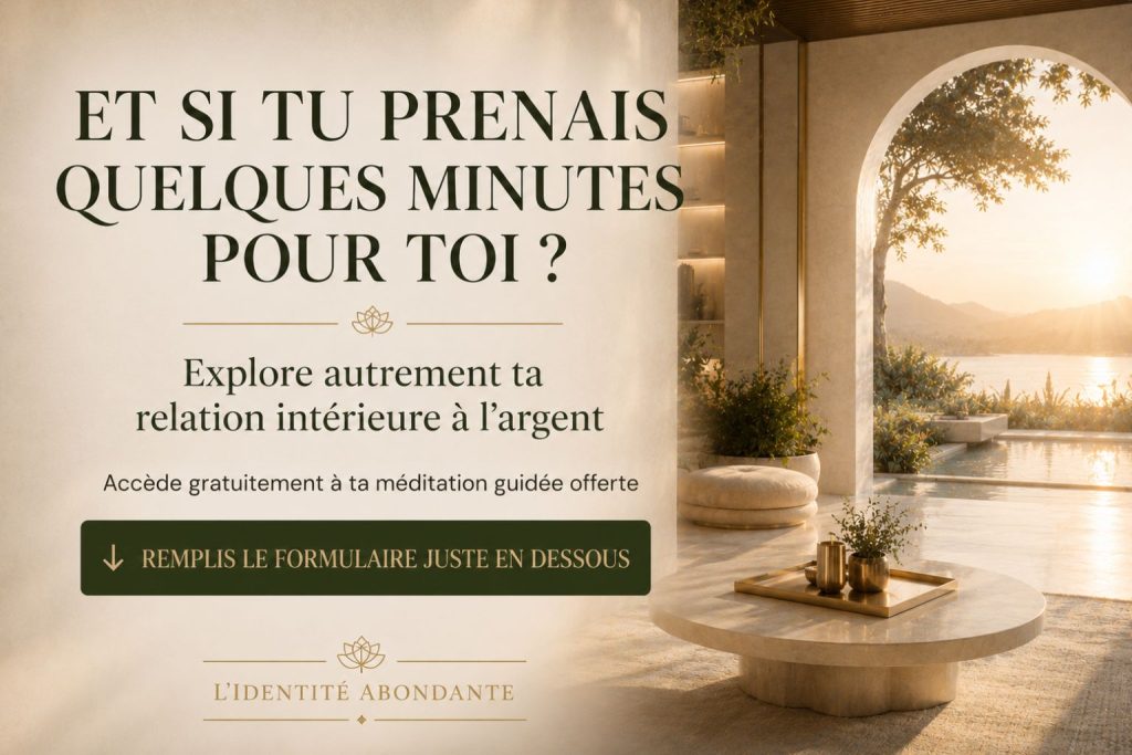 Invitation à accéder à une méditation guidée offerte pour explorer sa relation intérieure à l’argent.
