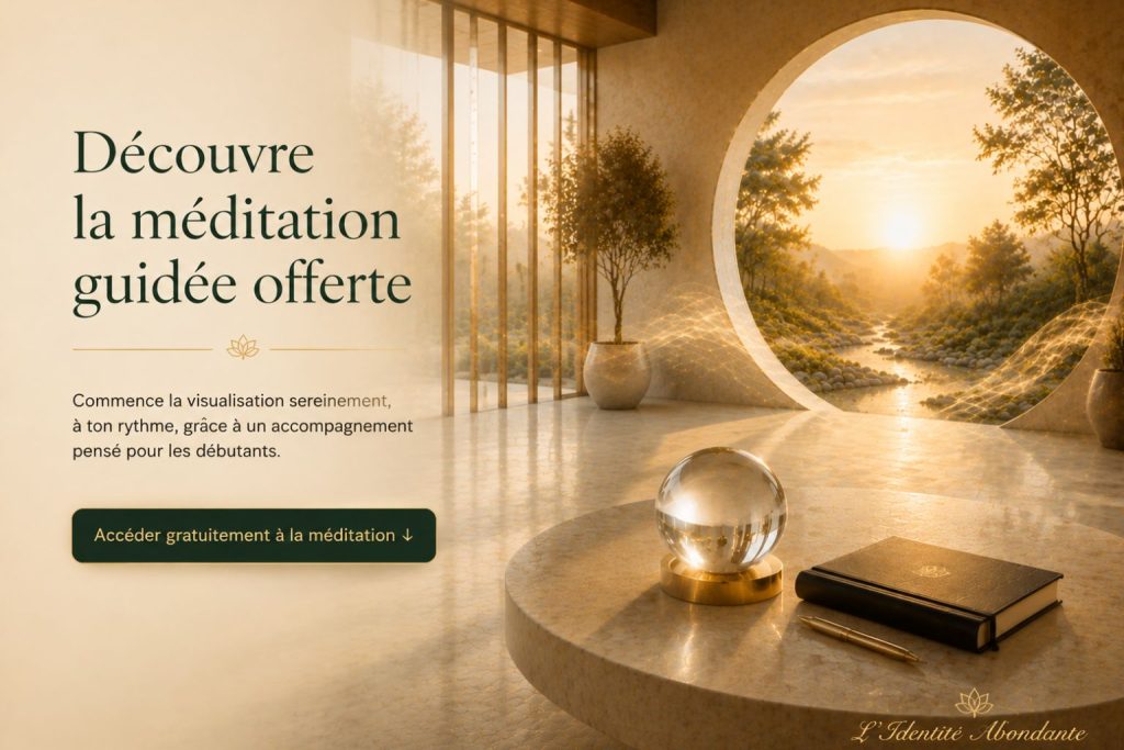 lustration premium invitant à découvrir une méditation guidée gratuite pour apprendre la visualisation guidée lorsqu’on débute et développer une relation plus sereine avec son monde intérieur.