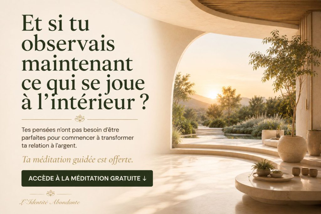Invitation à accéder à une méditation guidée gratuite pour observer ses automatismes et sa relation à l’argent.