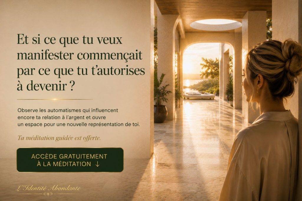 Invitation à accéder à une méditation guidée offerte pour observer les automatismes liés à l’identité financière et à la relation à l’argent.