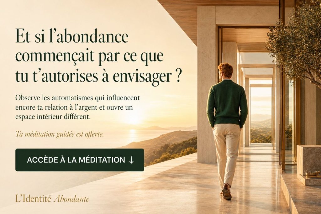 Invitation à accéder à une méditation guidée offerte sur la relation à l’argent et l’abondance intérieure.