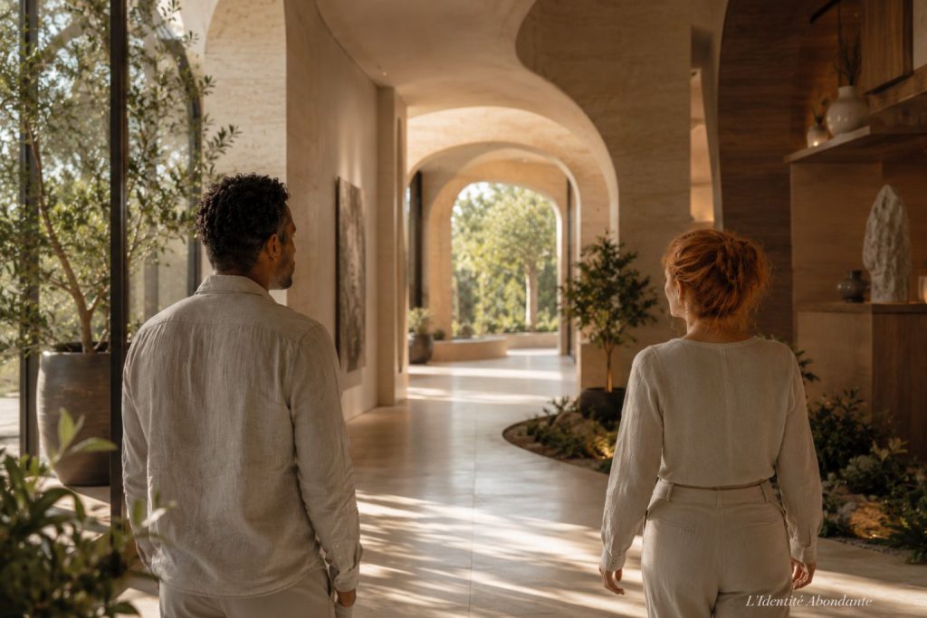Homme et femme avançant vers un espace lumineux symbolisant une nouvelle identité abondante qui devient progressivement plus naturelle.