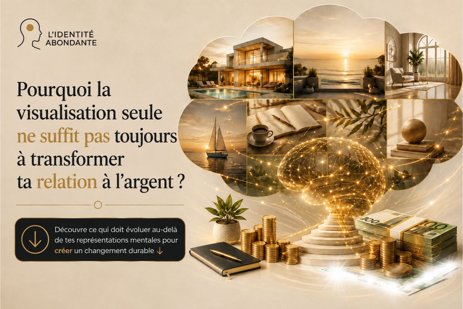 Illustration représentant pourquoi la visualisation seule ne suffit pas toujours à transformer sa relation à l'argent, avec des scènes symbolisant les objectifs, le cerveau, les habitudes et la reprogrammation intérieure.