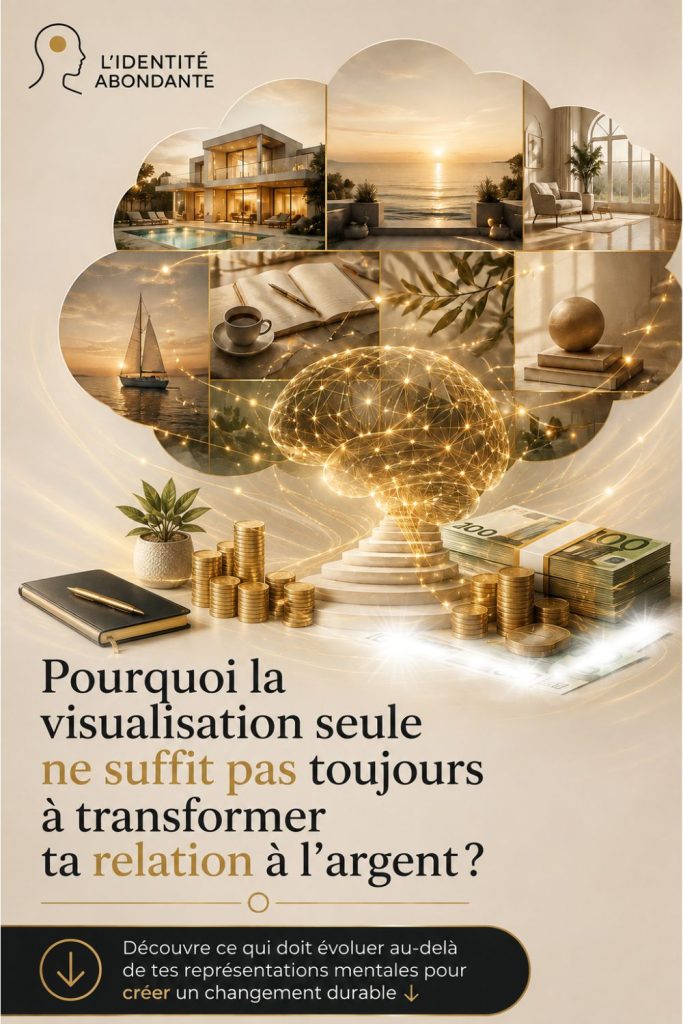 Illustration représentant pourquoi la visualisation seule ne suffit pas toujours à transformer sa relation à l'argent, avec un cerveau symbolique, des objectifs de vie, des billets, des pièces et des éléments liés à la reprogrammation du subconscient.