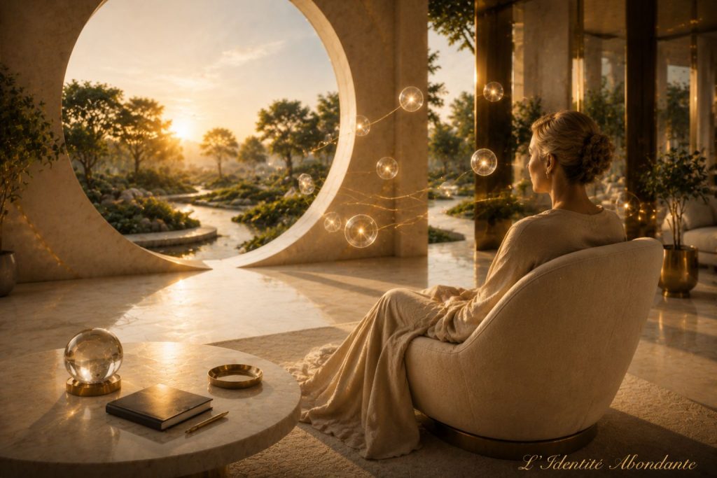 Femme découvrant progressivement la visualisation guidée dans un environnement calme et lumineux illustrant les premiers repères de la pratique.