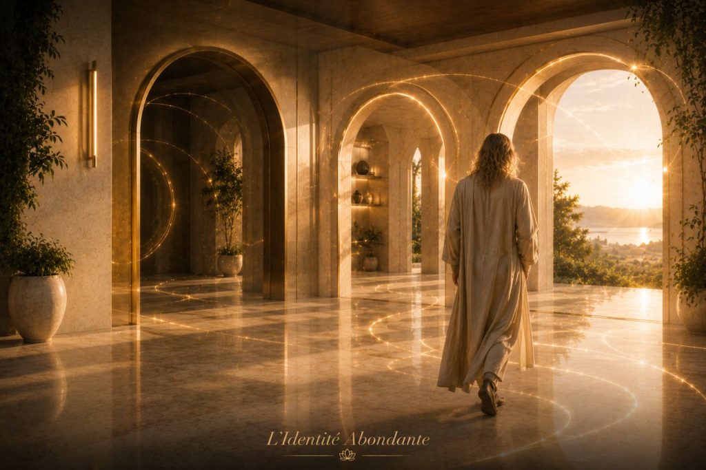 Homme avançant à travers plusieurs arches lumineuses symbolisant la répétition de la visualisation et l’intégration progressive d’une nouvelle identité financière.