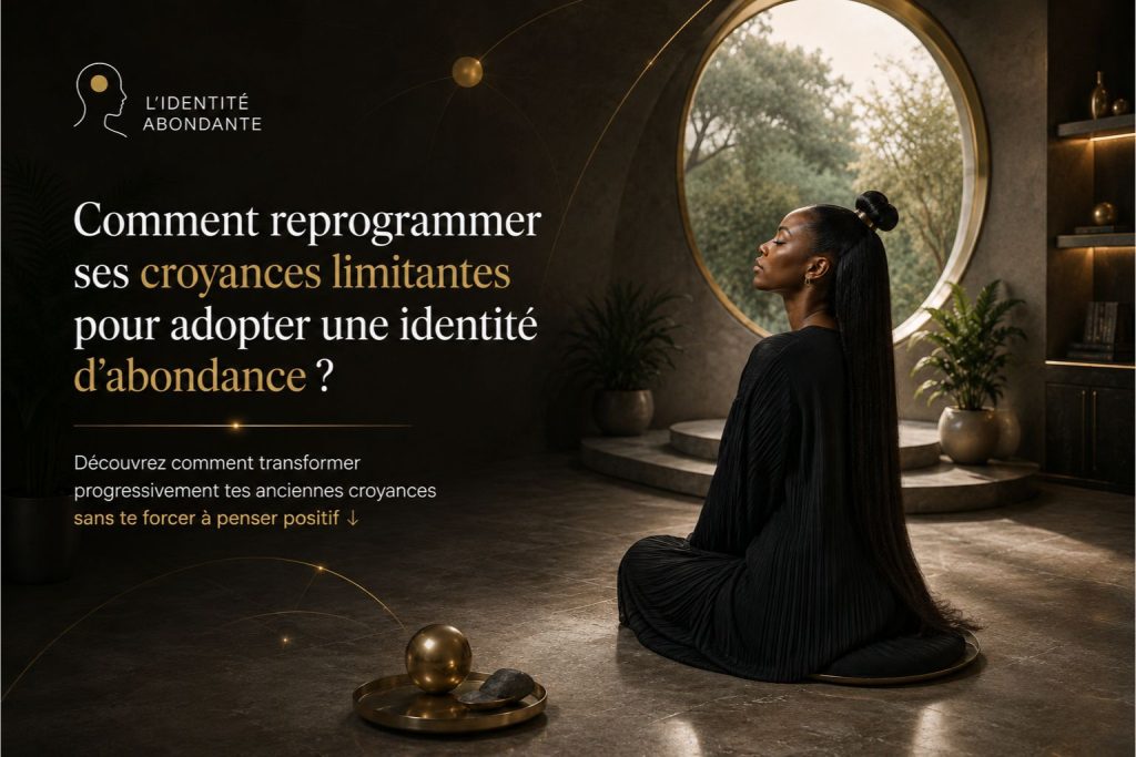 Femme en méditation illustrant comment reprogrammer ses croyances limitantes pour adopter une identité d’abondance