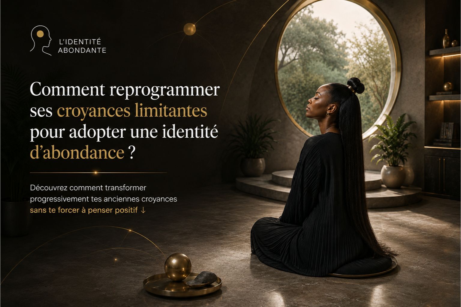 Femme en méditation illustrant comment reprogrammer ses croyances limitantes pour adopter une identité d’abondance
