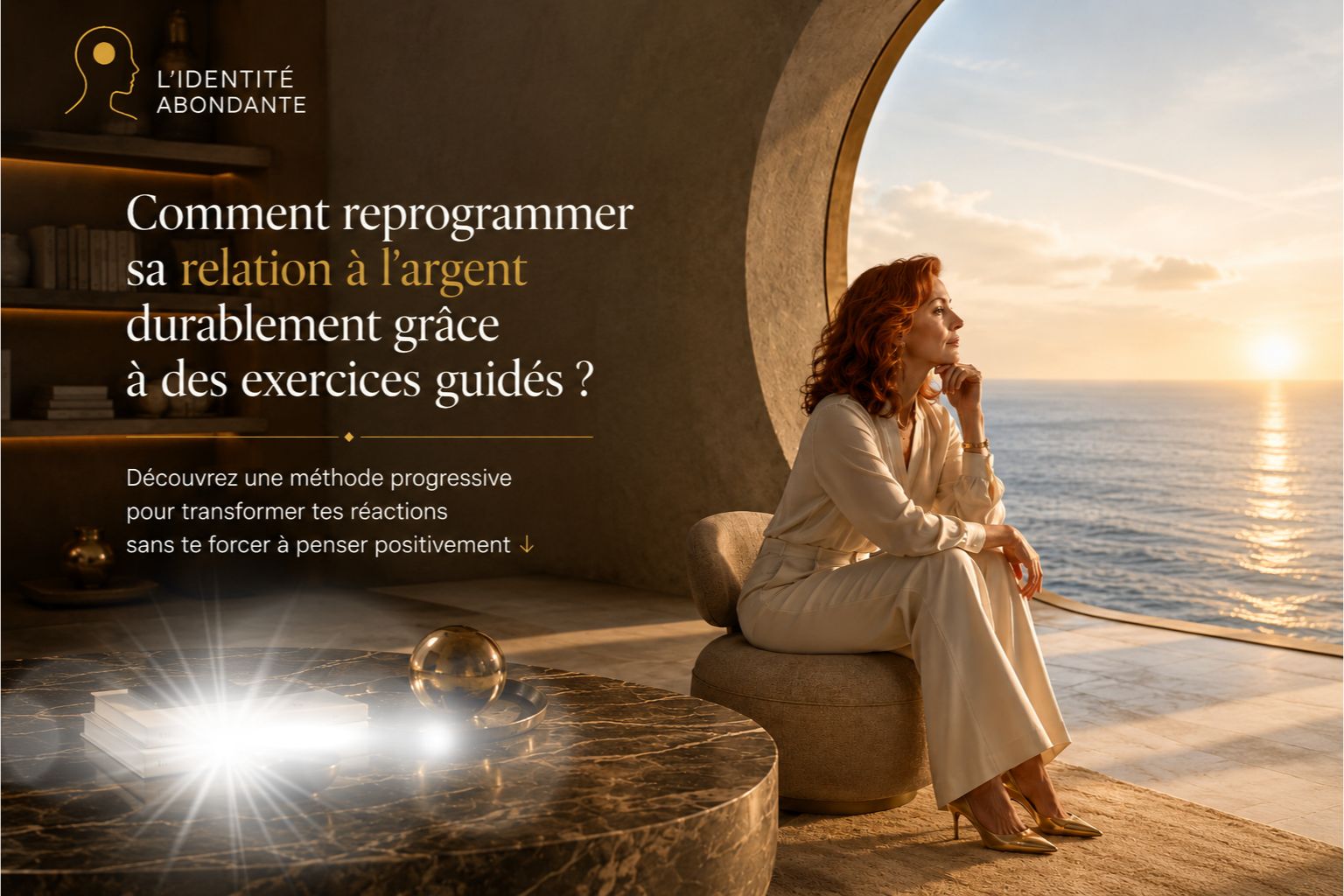 Femme réfléchissant face à la mer pour reprogrammer durablement sa relation à l’argent grâce à des exercices guidés.