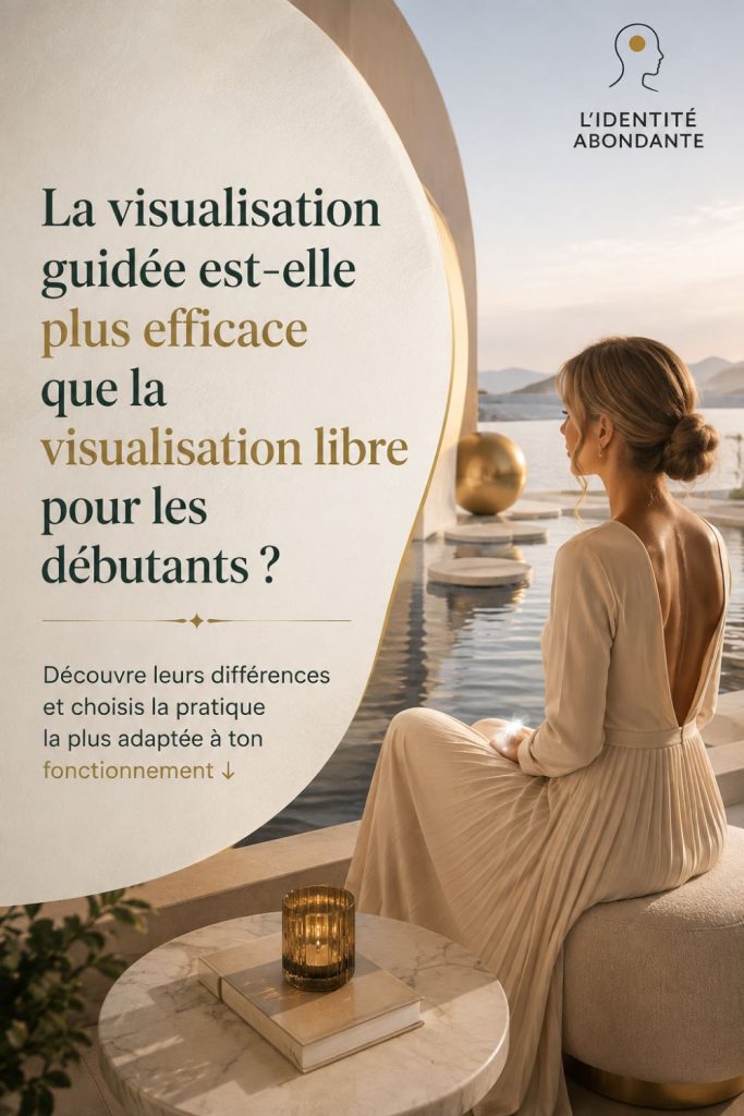 Illustration représentant une femme contemplant un paysage apaisant pour illustrer les différences entre la visualisation guidée et la visualisation libre lorsqu'on débute une pratique de visualisation.