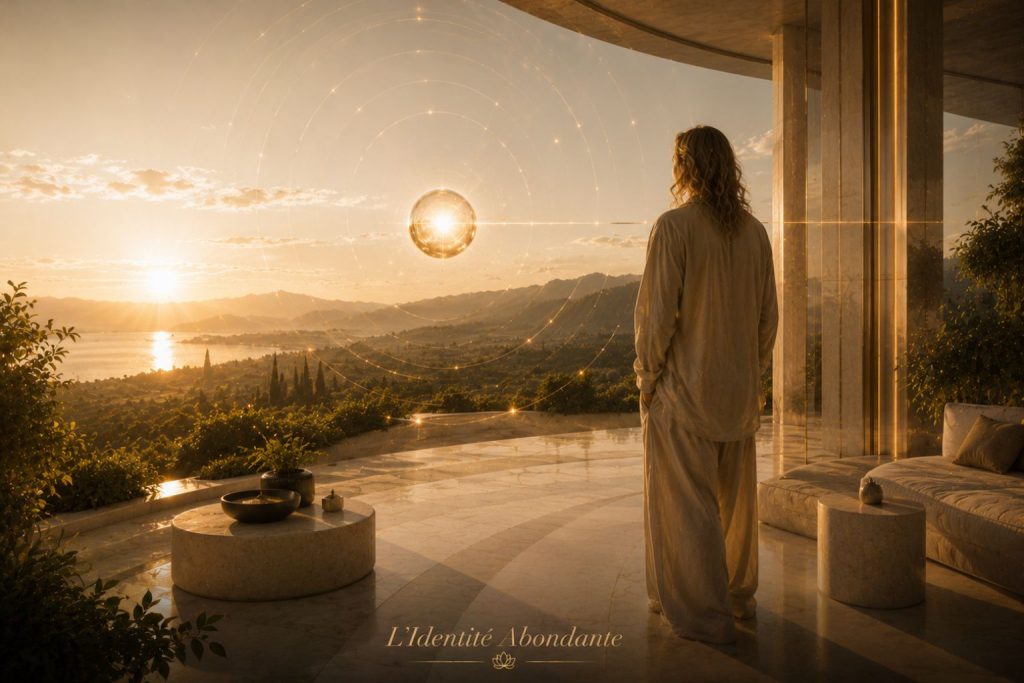 Un homme observe calmement un horizon lumineux symbolisant la répétition quotidienne d’une même scène de visualisation pour développer une identité financière plus stable.