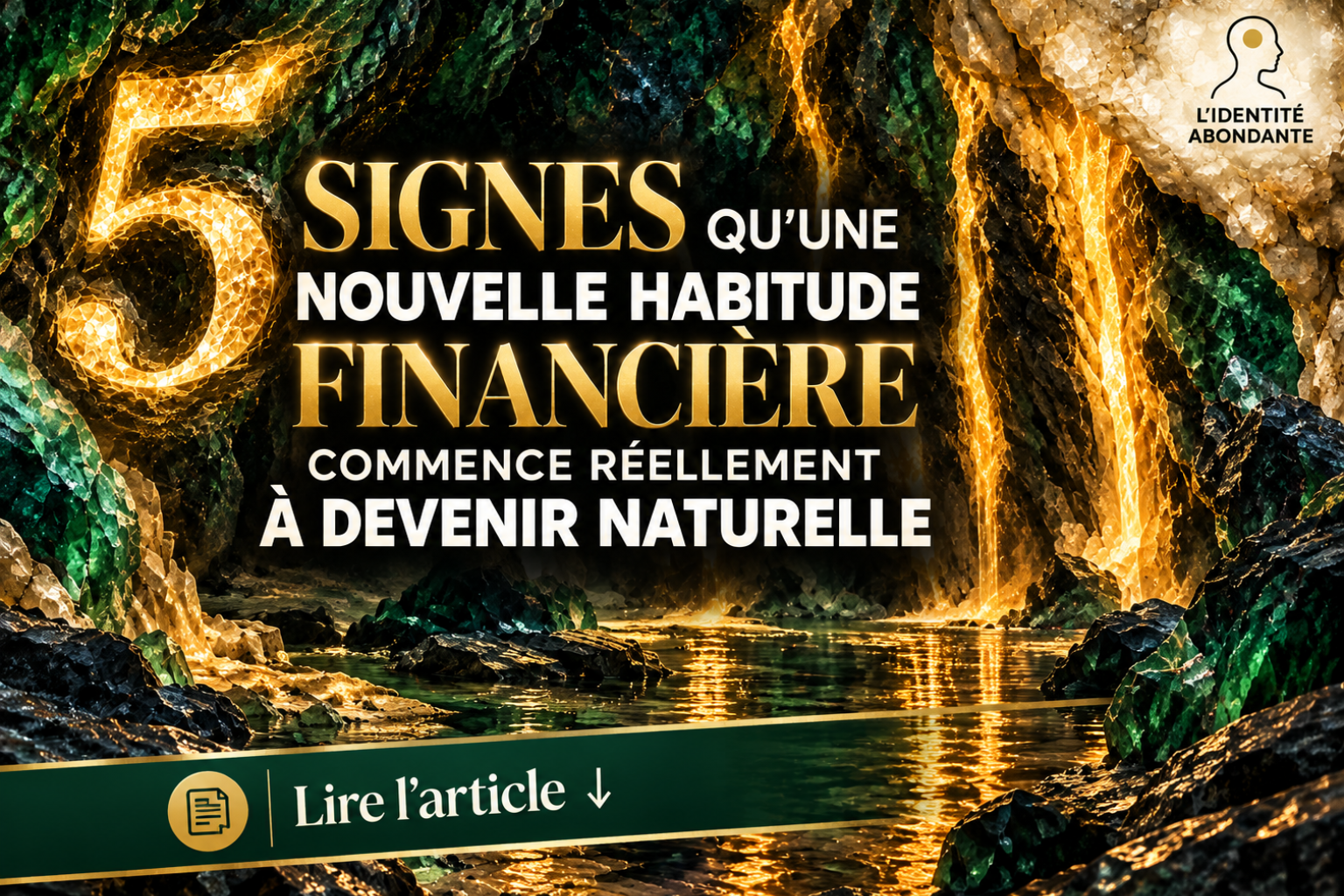 Grotte minérale verte et dorée illuminée autour du chiffre 5, avec le titre « 5 signes qu’une nouvelle habitude financière commence réellement à devenir naturelle », illustrant les signes d’intégration de nouvelles habitudes financières.