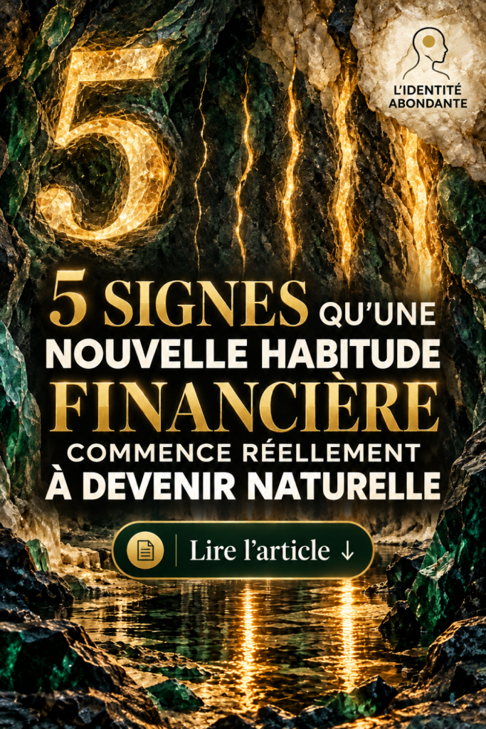 Grotte aux parois vert profond traversées de lumière dorée, avec le chiffre 5 et le titre « 5 signes qu’une nouvelle habitude financière commence réellement à devenir naturelle », illustrant les signes d’intégration de nouvelles habitudes financières.