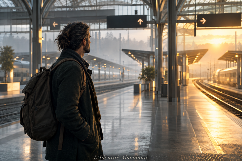 Homme méditerranéen aux cheveux longs attachés, hésitant face à plusieurs quais dans une gare, symbolisant la difficulté d’agir malgré l’incertitude financière.