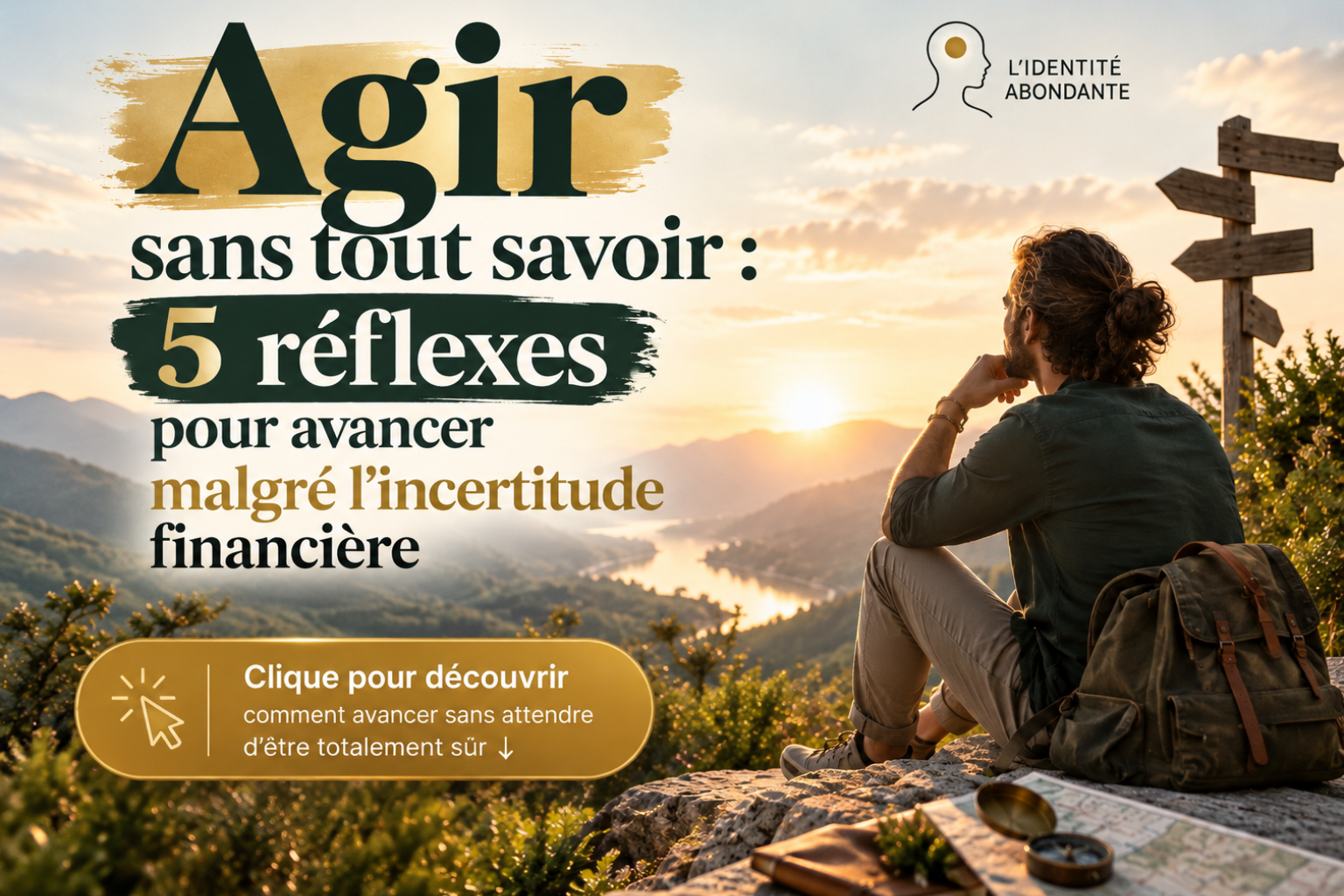 Homme aux cheveux longs assis face à un paysage montagneux au coucher du soleil et à plusieurs panneaux indiquant différentes directions, illustrant l’hésitation avant une décision et la difficulté d’agir malgré l’incertitude financière. L’image représente le besoin de certitude, la peur de se tromper et la possibilité d’avancer sans disposer de toutes les garanties.