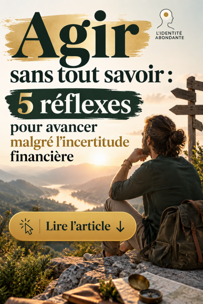 Homme aux cheveux longs assis sur un sommet face à un paysage montagneux et plusieurs panneaux indiquant différentes directions, dans une attitude de réflexion avant de choisir son chemin. Le visuel illustre 5 réflexes pour agir malgré l’incertitude financière, dépasser le besoin de certitude et avancer malgré le doute sans connaître à l’avance toute la suite.