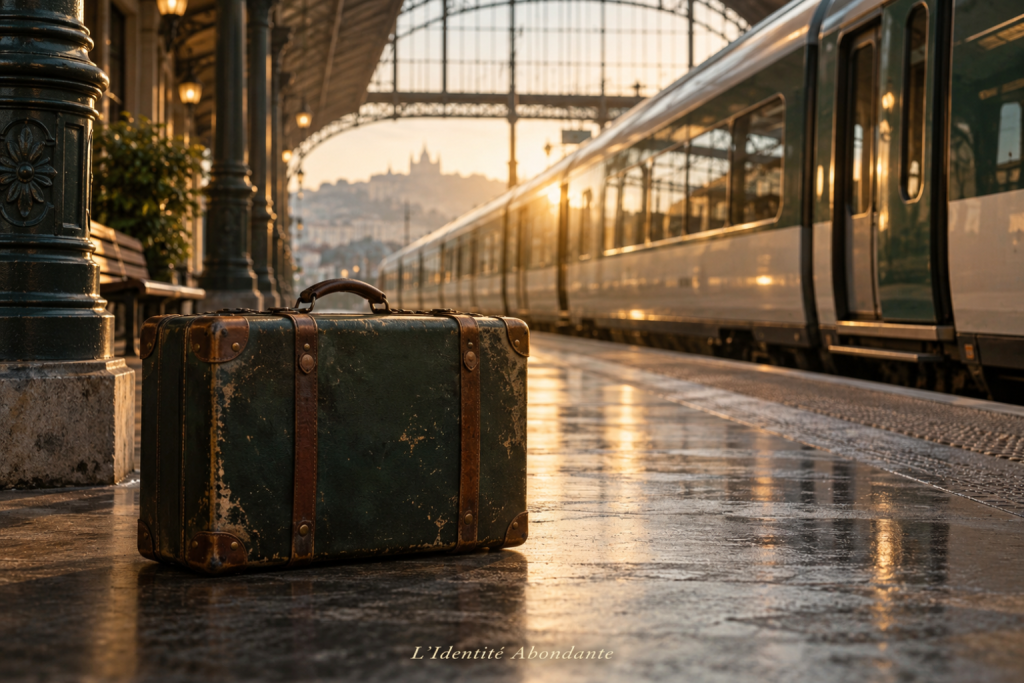 Ancienne valise devant un nouveau départ symbolisant une identité de manque encore transportée dans les décisions présentes.